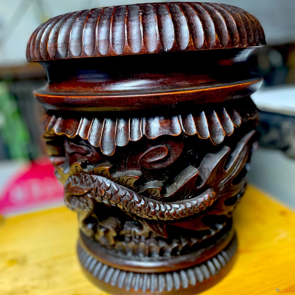 Hand carved Chinese dark red wood rice storage container.